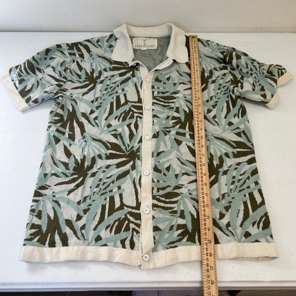 Free Planet Mens Tropical Palm Leaf Knit Button Down Shirt Green Blue Large - Picture 4 of 6
